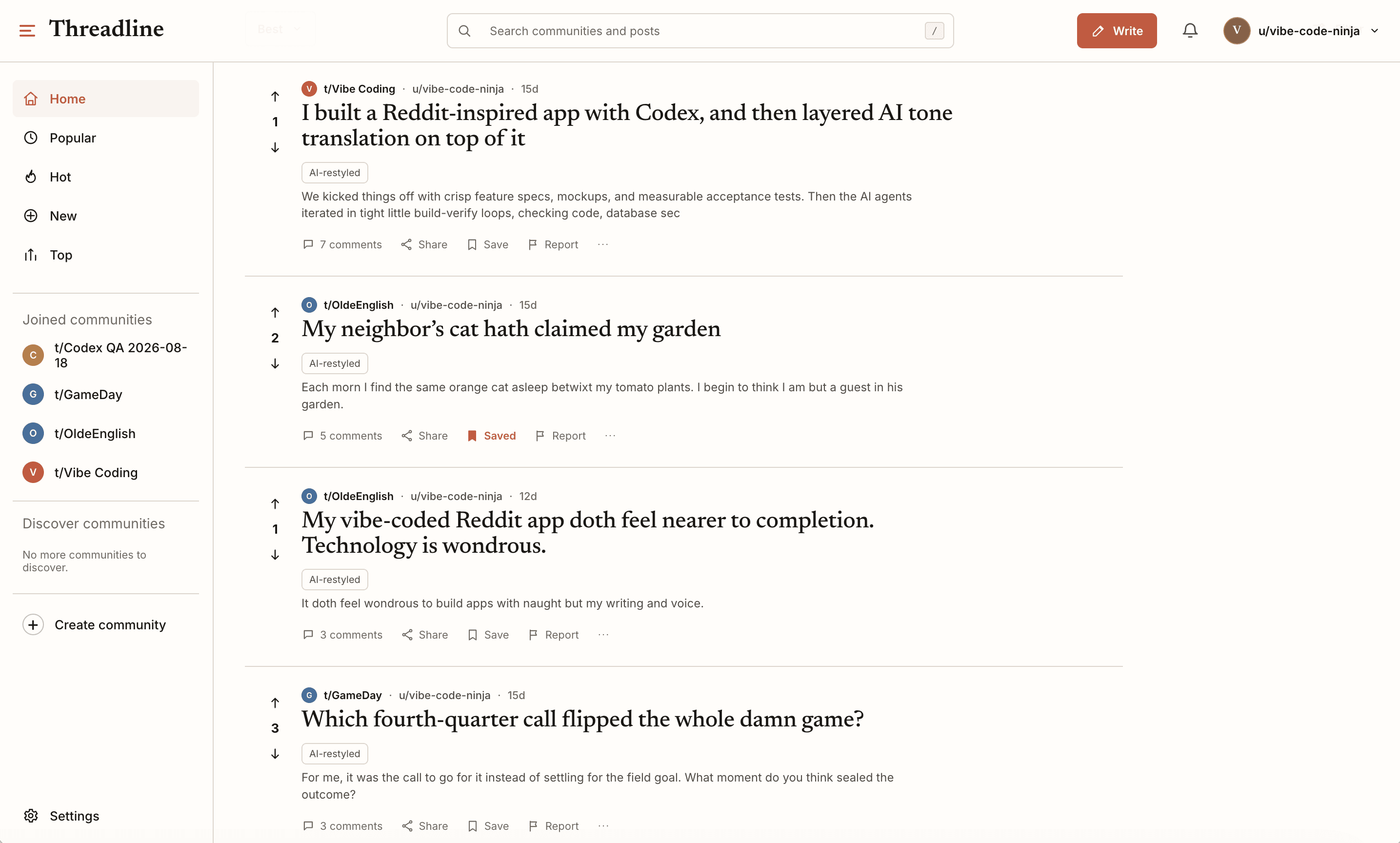 Threadline, the Reddit-style app built in Zero to Reddit