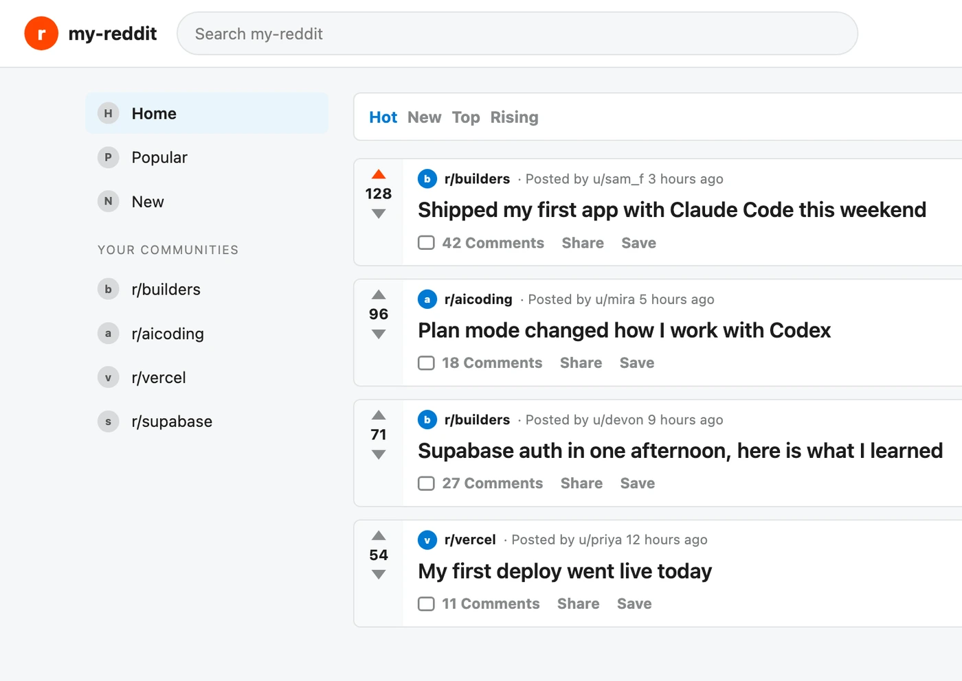 The Reddit-style app built in the course